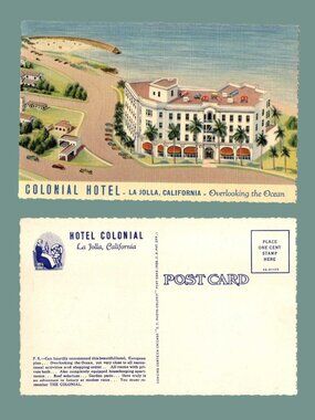 5/$25 Vintage MCM Grande Colonial Hotel in La Jolla, California Linen Postcard